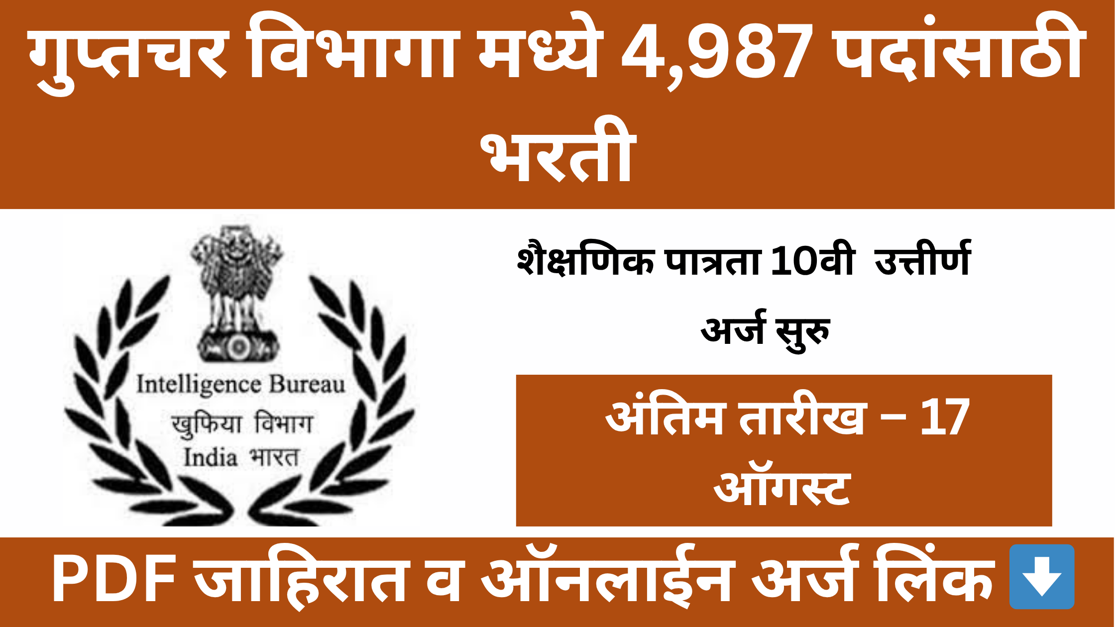 Intelligence Bureau Security Assistant Bharti 2025 जाहिरात 4,987 पदांसाठी