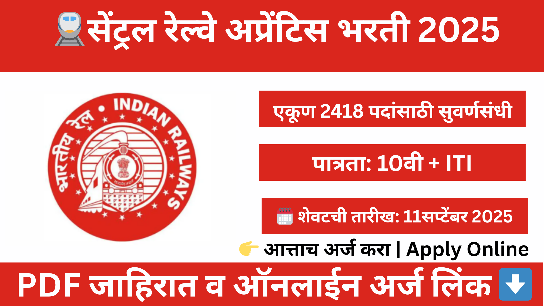 Central Railway Apprentice Bharti 2025 – 2412 पदांसाठी ऑनलाईन अर्ज | 10वी + ITI उमेदवारांसाठी सुवर्णसंधी