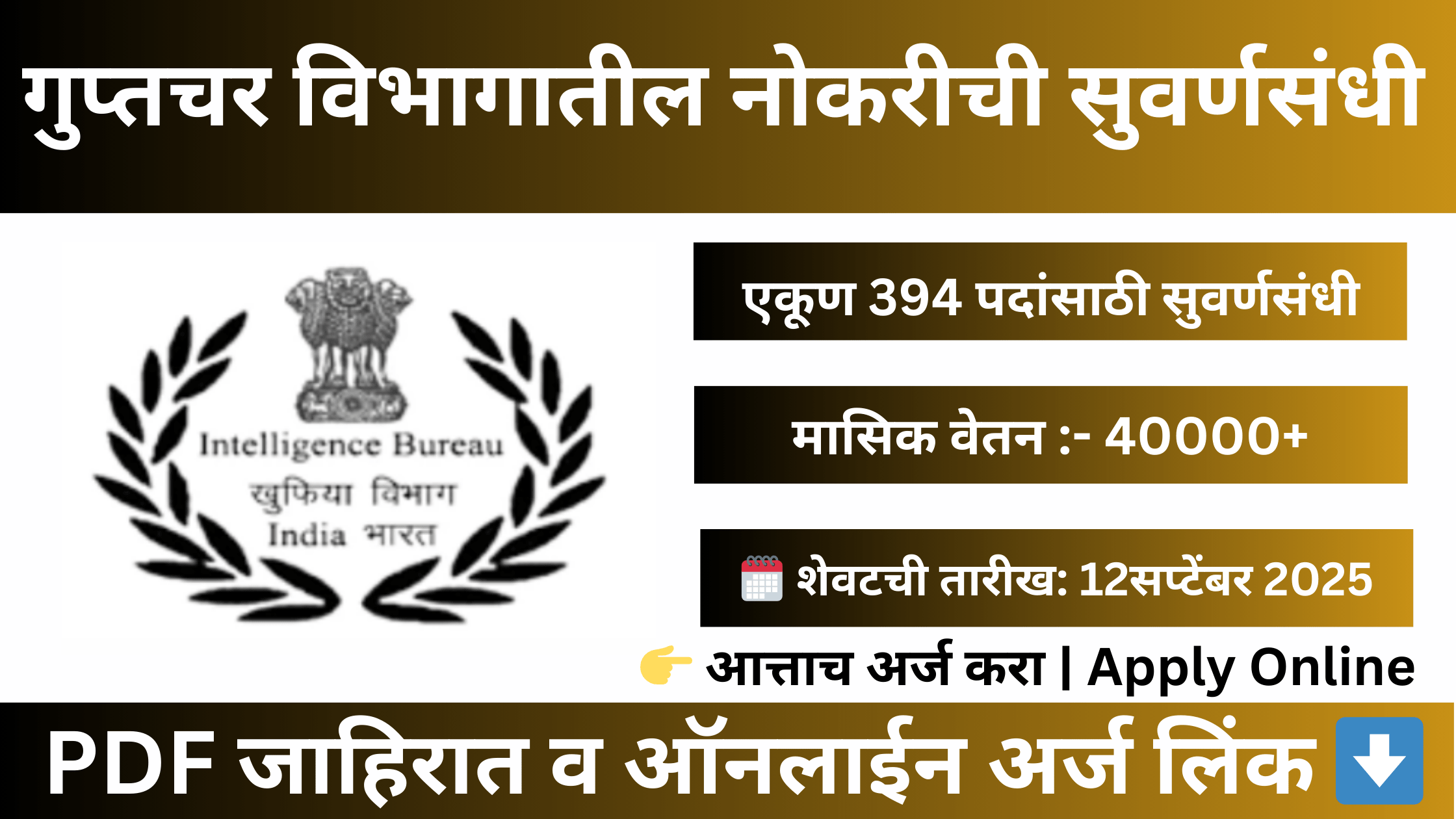 IB Junior Intelligence Officer Bharti 2025 notification जाहिरात