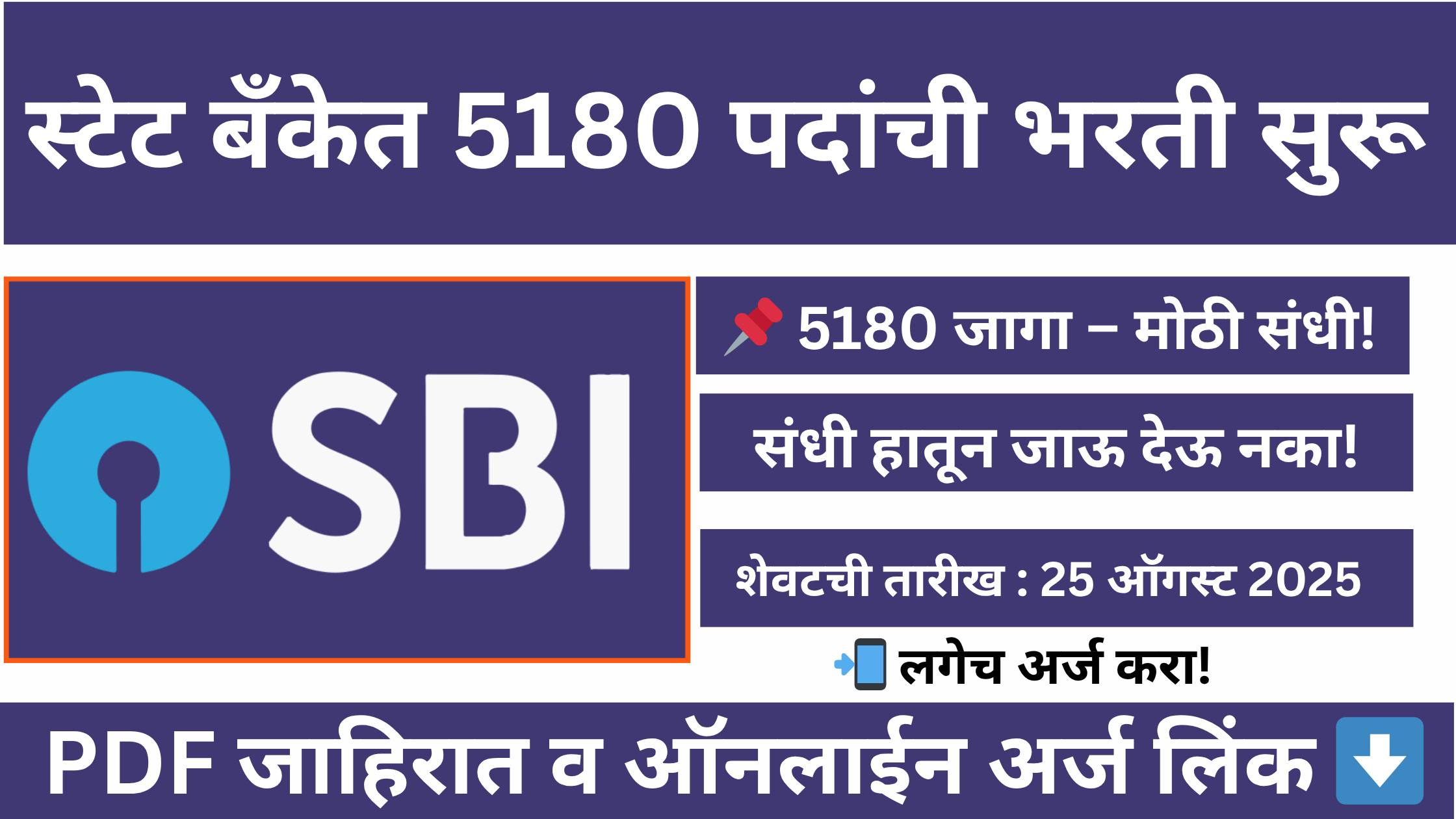 SBI Clerk Bharti 2025 साठी स्टेट बँकेत 5180 पदांची भरती, अर्ज करण्याची अंतिम तारीख 25 ऑगस्ट 2025, सरकारी नोकरीची संधी