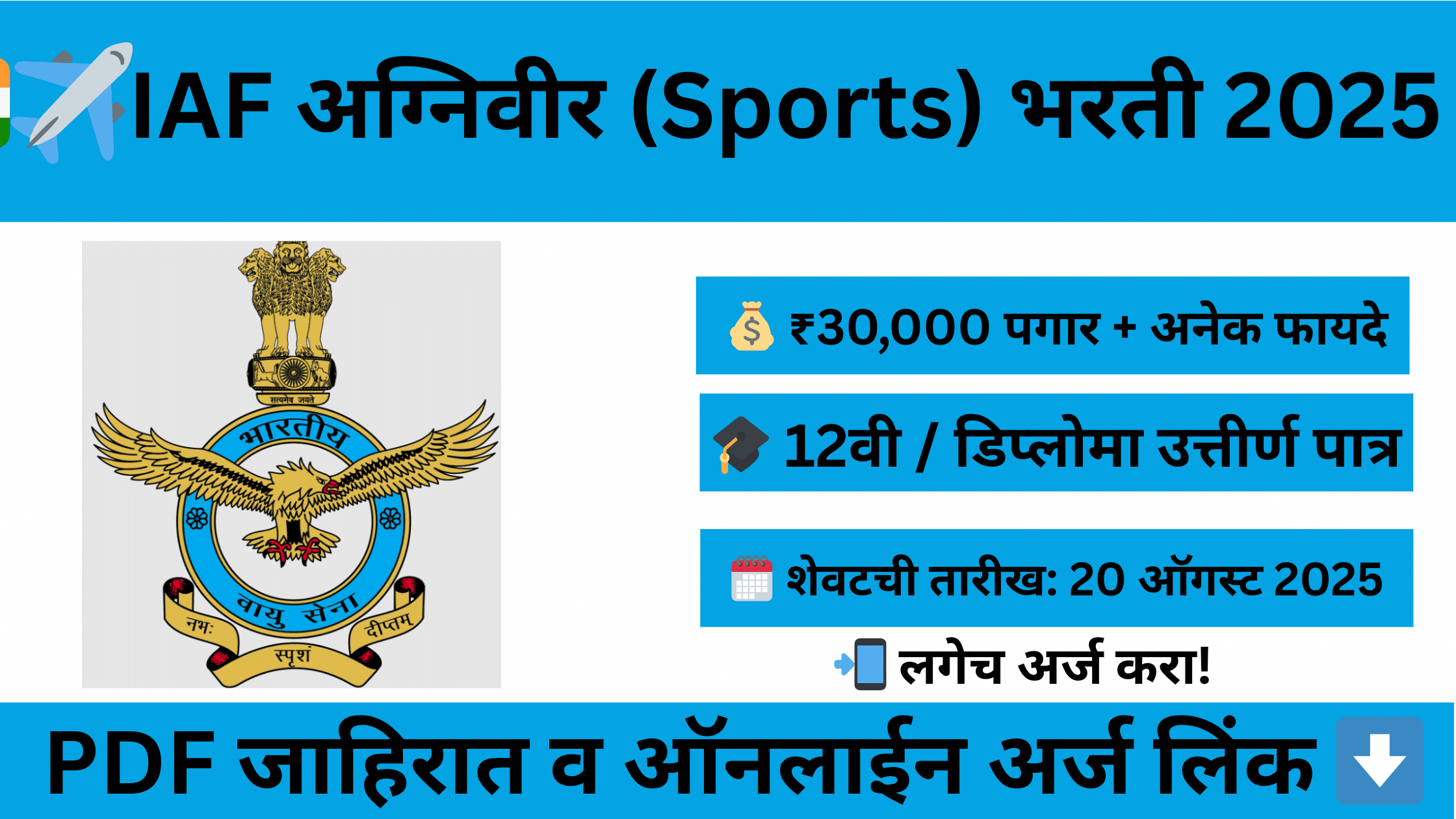 IAF Agniveer Vayu Sports Bharti 2025 – उत्कृष्ट खेळाडूंना भारतीय हवाई दलात भरतीची सुवर्णसंधी