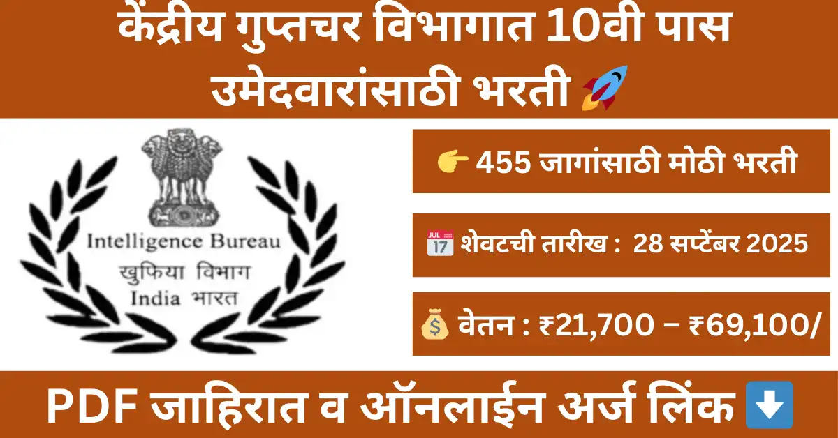 Intelligence Bureau Security Assistant Bharti 2025 – 455 पदांची भरती, Apply Online Last Date 28 September