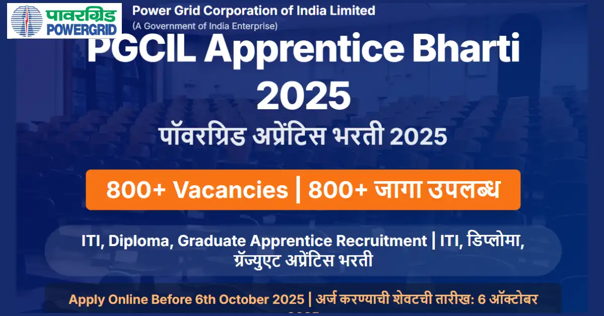 PGCIL Apprentice Bharti 2025 Poster – Powergrid Recruitment Notification with 800+ Apprentice Vacancies | PGCIL अप्रेंटिस भरती 2025 जाहिरात – पॉवरग्रिड मध्ये 800+ जागांसाठी संधी