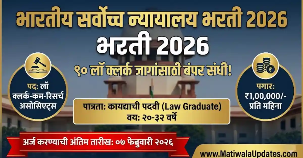"Supreme Court Bharti 2026 Marathi Poster for 90 Law Clerk-cum-Research Associates Posts. Recruitment details: Salary ₹1,00,000 per month, Eligibility Law Graduate, Age 20-32 years. Apply Online before 07 February 2026. Image by MatiwalaUpdates.com"