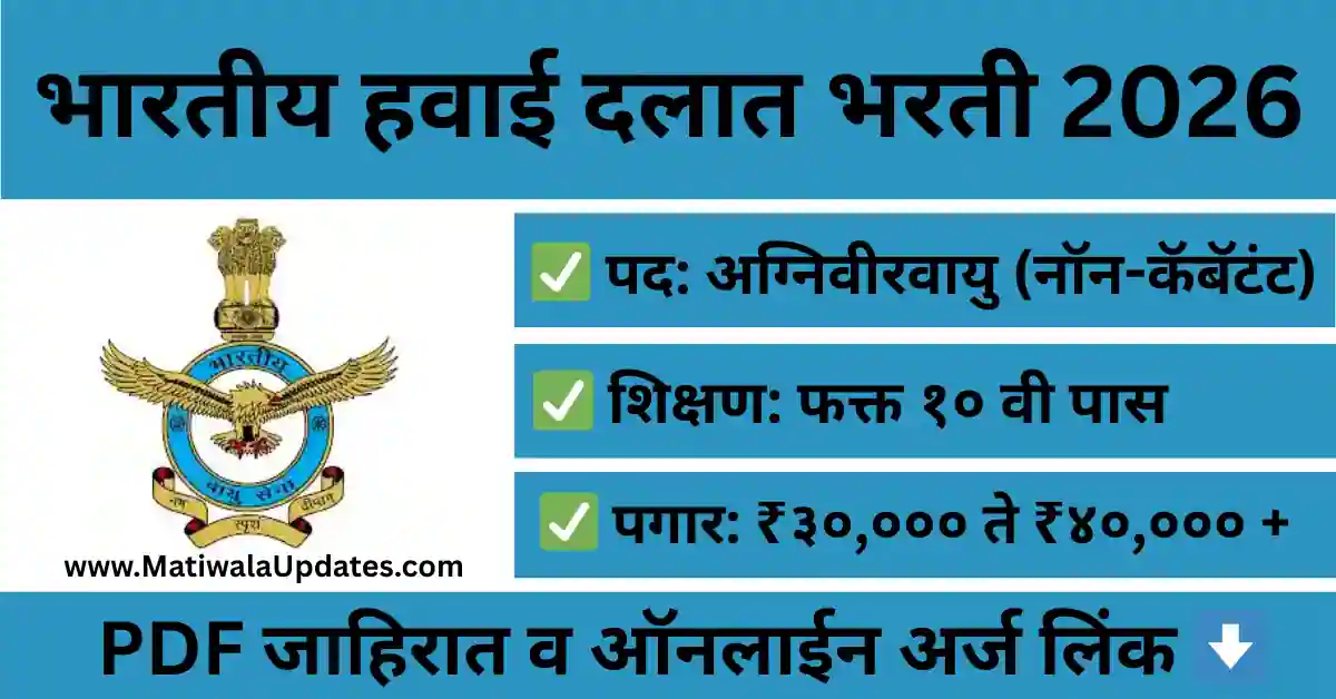 IAF Agniveervayu Non-Combatant Bharti 2026: भारतीय हवाई दल अग्निवीरवायु १० वी पास भरती संपूर्ण माहिती-Matiwala Updates