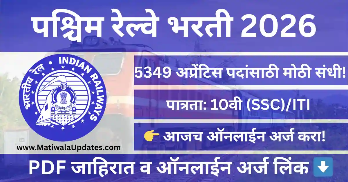 Western Railway Bharti 2026 official notification banner for 5349 Apprentice vacancies with apply online dates 21 February 2026 to 23 March 2026 under Western Railway Recruitment 2026
