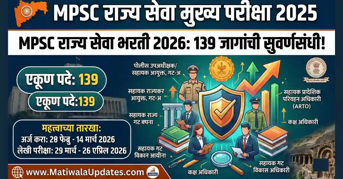 MPSC State Service Bharti 2026: MPSC राज्य सेवा मुख्य परीक्षा 2025 अधिकृत जाहिरात आणि 139 पदांची भरती 2026 - Matiwala Updates
