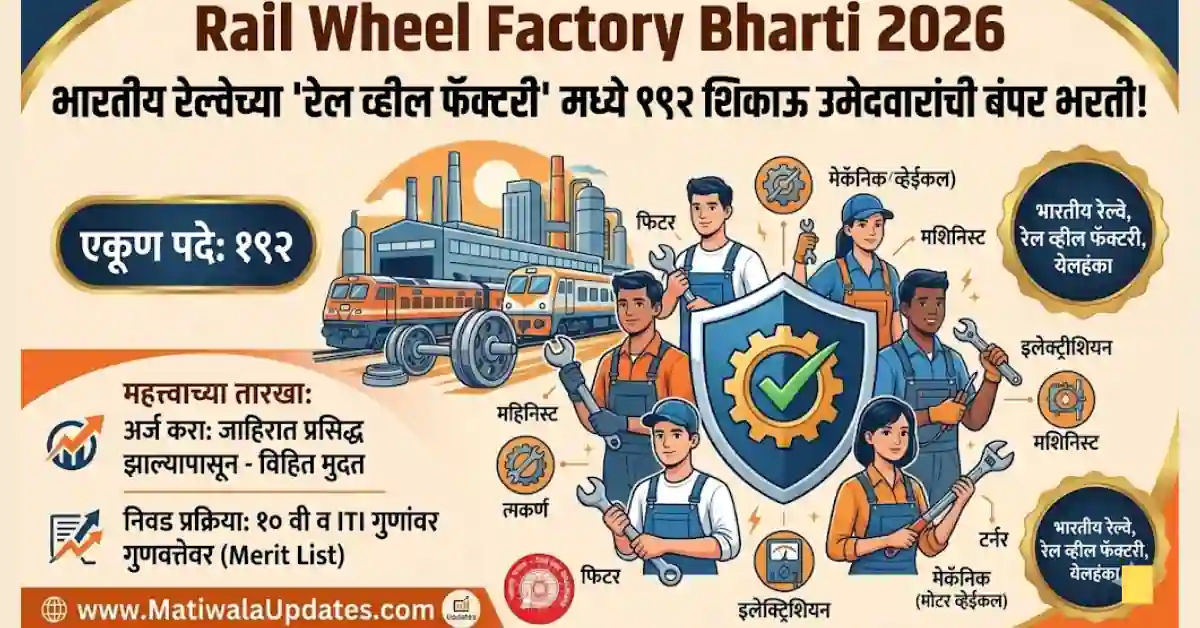 Rail Wheel Factory Bharti 2026: रेल व्हील फॅक्टरी भरती 2026 शिकाऊ उमेदवार 192 पदे आणि ITI ट्रेडनिहाय जागा - Matiwala Updates